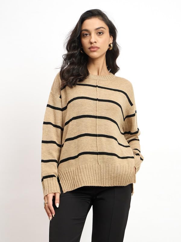 Penelope Beige & Black Wool Sweater – 100% Wool, Striped Knit, Round Neck, Full Sleeves, Cozy & Machine Washable - Image 2