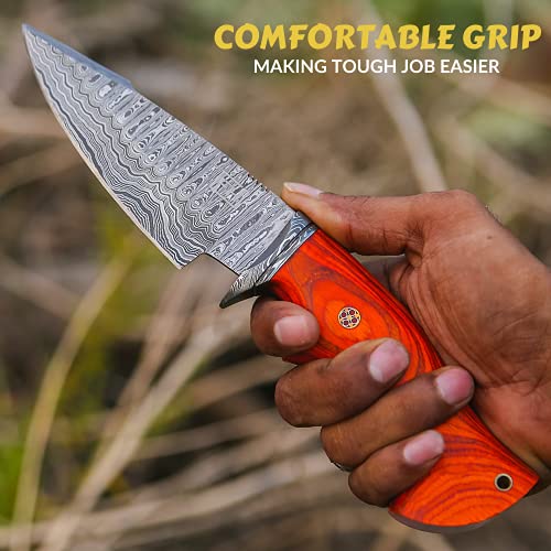 Fh Knives 10-Inch Handmade Damascus Steel Knife With Leather Sheath Razor Sharp Fixed Blade Knife For Men Ergonomic Orange Wood Handle #TOP3