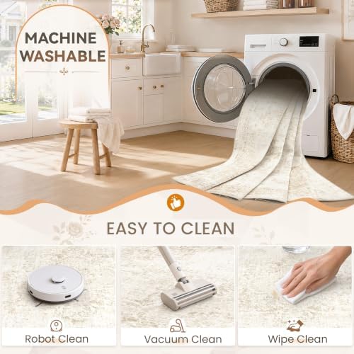 Zomfy 5x7 Area Rugs for Living Room: Washable Vintage Boho Medallion Non Slip Low Pile Rug Soft Retro Distressed Stain Resistant Indoor Carpet for Bedroom Nursery Dining Room (Beige, 5'x7') — view 2