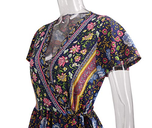 Image of R.Vivimos Women's Summer Short Sleeve Floral Print Bohemian Beach Waist Tie Wrap Long Flowy Dress with Slit