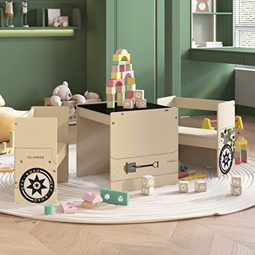 Homgoday Set Tavolo e Sedia per Bambini 3 pz Auto Fuoristrada in MDF, Mobili per Casa Interno Esterno Soggiorno Camera da Letto