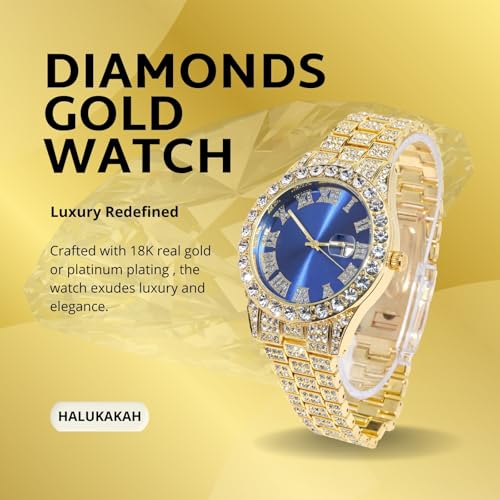 Image of Halukakah Diamonds Gold Watch Iced Out for Boy Teens Kids - 18K Real Gold /Platinum Plated,42mm Blue /Green /Red Dial,Japanese Quartz - 8 inch Length - Optional with Cuban Link Chain,with Watch Adjuster Tool