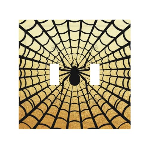 Decorative Switch Plate Covers Black Spider Spiderweb on Golden Background 2 Gang Light Switch Cover Plate Unique Double Toggle Wall Plate Light Switch Covers for Bedroom Decor