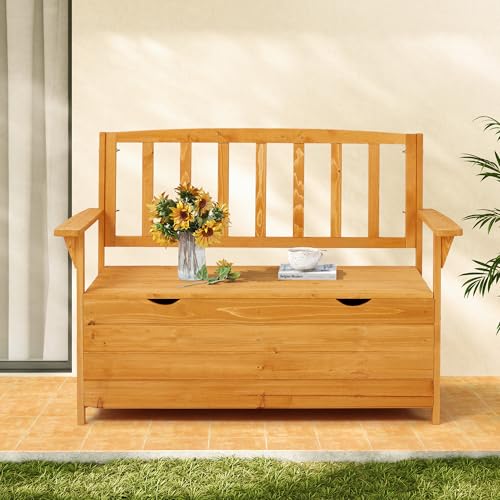 AVAWING Outdoor Wooden Storage Bench, Patio Storage Box with Portable Handle & Seating, Deck Storage Bench with Armrest and Backrest for Backyard & Balcony, Yellow