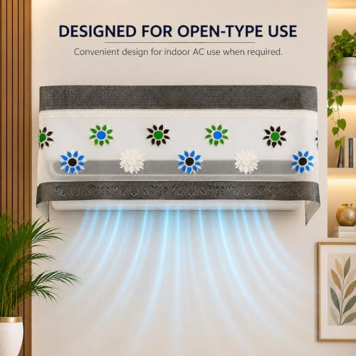 Image of Cotton Net Split AC Cover Indoor Unit for 1.5 Ton Capacity AC, Premium Work Indoor AC Dust Protection Cover Designer Summer Ac Cover for 1.5 Ton Ac (Grey Flower)