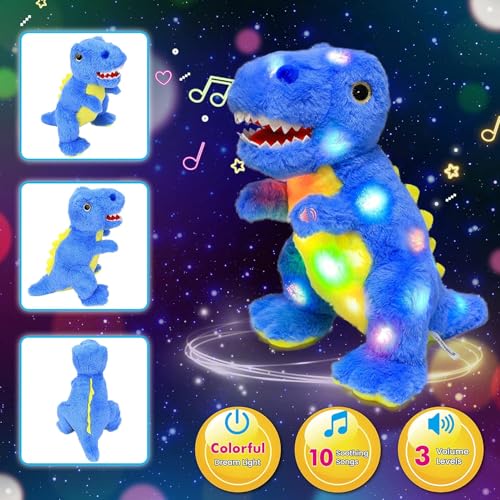 Cuteoy Light-up Singing Plush Blue Dinosaur LED Musical Stuffed Animal T-Rex Adjustable Volume Lullaby Plushies Birthday Christmas Toy Gifts for Kids Toddler Girls, 12" by Cuteoy - Image 3