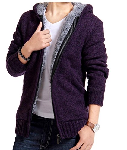 WSLCN Jaqueta de Malha Masculina com Capuz Cardigã Pelúcia Quente por Dentro Grossa de Inverno Roxo