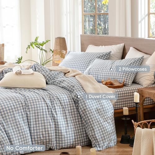 Image of MooMee Gingham Duvet Cover Set 100% Washed Cotton Linen Like | Relaxed Linen-like Texture. Soft, Breathable & Long-lasting Comfort. Lightweight. Hidden Zipper with 8 Interior Corner Ties