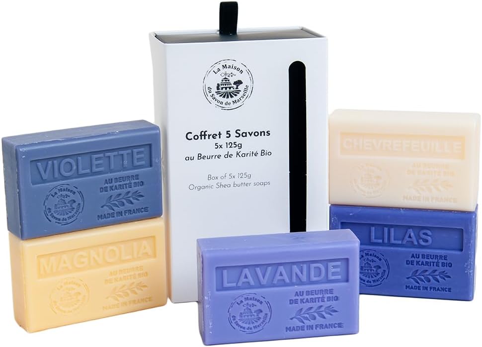 La Maison du Savon de Marseille – French Soaps – 5 x 125g Bars – Organic Shea Butter Moisturising Skincare Gift Set – Floral Fragrances – Violet – Honeysuckle – Magnolia – Lilac – Lavender