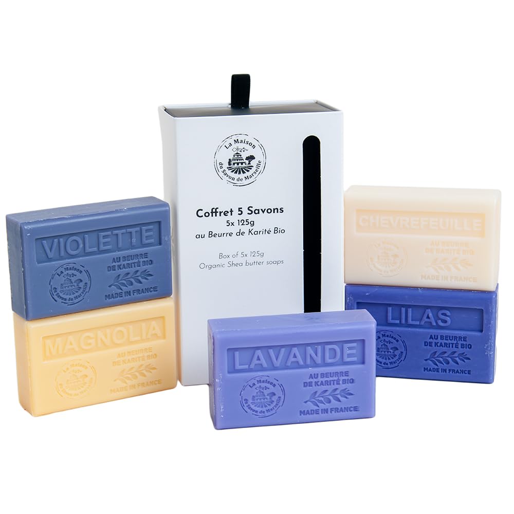 La Maison du Savon de Marseille - French Soaps - 5 x 125g Bars - Organic Shea Butter Moisturising Skincare Gift Set - Floral Fragrances - Violet - Honeysuckle - Magnolia - Lilac - Lavender