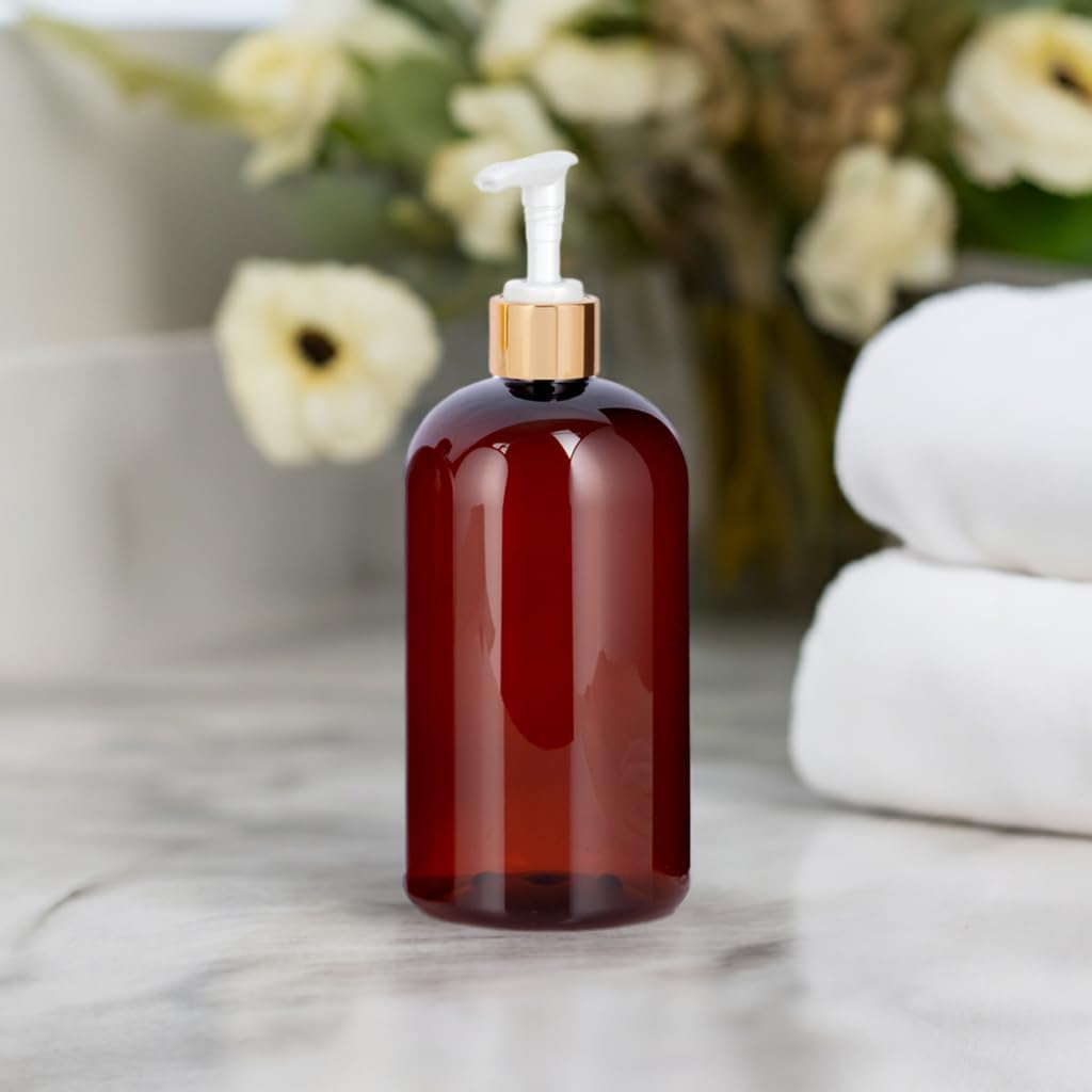 JUVITUS Amber 16 oz Boston Round PET Plastic Bottles (BPA Free) with (12 pack) (Gold Lotion Pump)