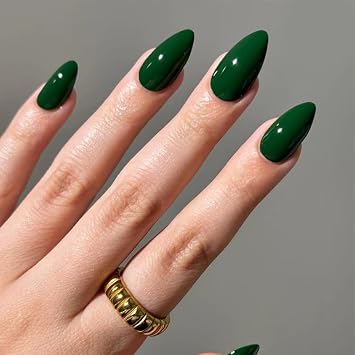Green Press on Nails Short Almond, Fake Nails Press on Acrylic Nails Set,Reusable False Nails Glossy Artificial Nails for Women with Nail Glue Adhesive Tabs Mini Nail File 24pcs