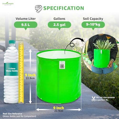 Image of Anandi Green's Premium Hdpe Uv Protected 260 GSM Round Shaped Green Colour Plants Grow Bags Suitable for Terrace and Vegetable Gardening 9x9 Inch Pack of 5