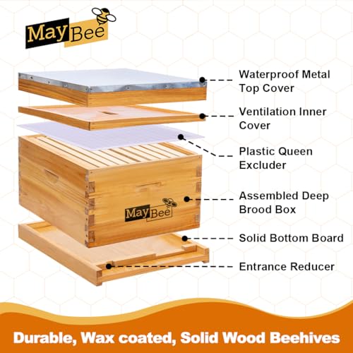 Beehive Starter Kit 10-Frame Bee Boxes and Frames Starter Kit Wax Coated Bee Hives and Supplies Starter Kit Including Beekeeping Tools Kit with Beekeeping Veil