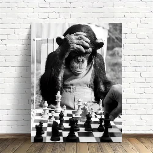 Tableau singe échecs déco rétro salon grande taille 70x90cm toile classique