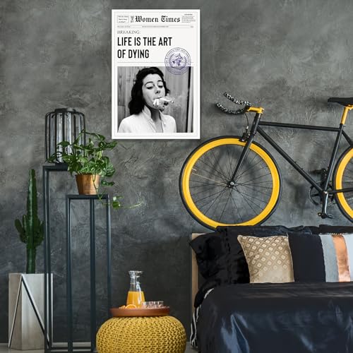 Vintage Black and White Poster Wall Art, Retro Preppy Aesthetic Smoking Hot Girl Newspaper Posters Canvas, Trendy Funky Room Decor for Women