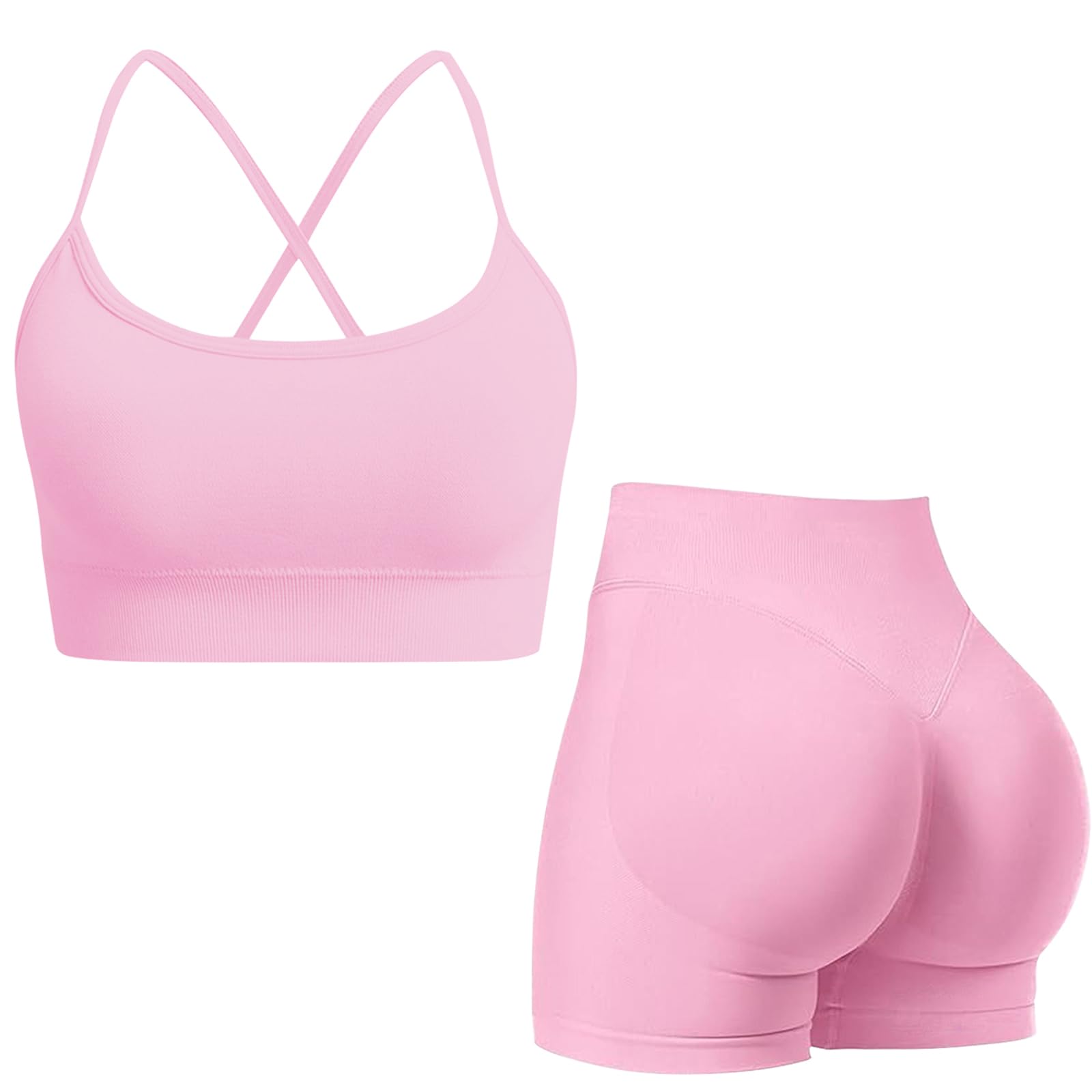 Conjunto de entrenamiento de gimnasio para mujer, 2 piezas, sin costuras, tirantes cruzados, brasier deportivo oculto, pantalones cortos fruncidos, trajes de yoga, ropa deportiva