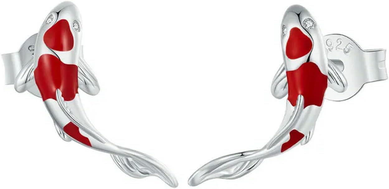 Fish Red Enamel Stud Earrings For Women 925 Sterling Silver Spring Koi Ear Studs Festival Silver Fashion Jewelry