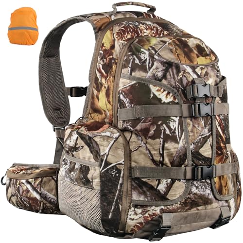 ShedOFF 25L Hunting Backpack with Waterproof Rain Cover, Large Capacity Day Pack with Holder, Men/Women Deer Hunting Gear Hunting Accessories (Camo Pine-Cones)