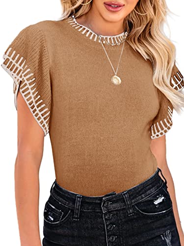 Image of Saodimallsu Womens Short Sleeve Sweater Summer Striped Top Soft Knit Shirts | Ruffle Sleeve,Loose,Crew Neck,Lightweight,Casual,Work,Spring,Womens Tops,Pullover,Fall