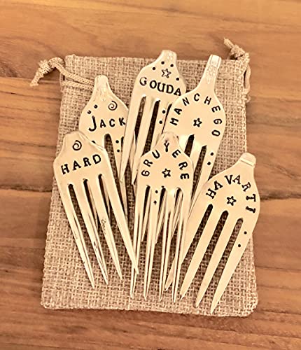 Cheese Markers Set Of 6 Custom Personalized Recycled Forks, Stamped Silver Plate, Hostess Gift With Storage Bag #TOP5