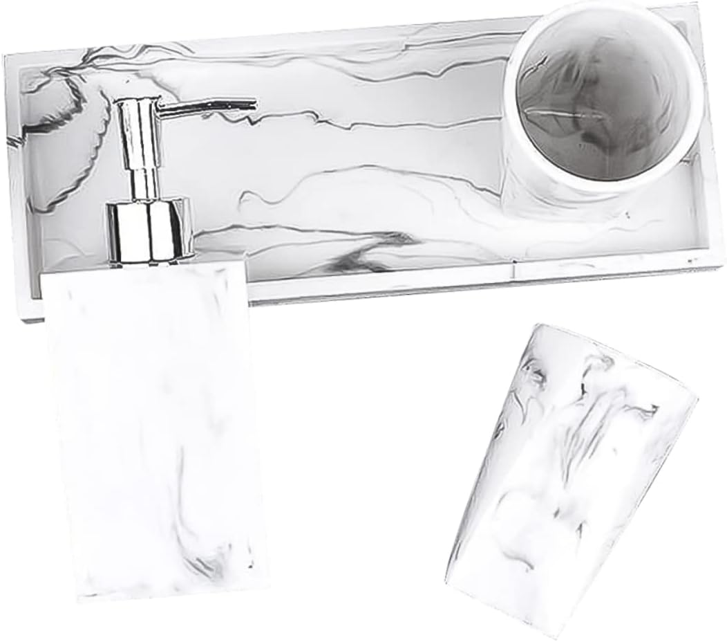 Mobestech Nordic Marble Pattern Bathroom Accessories Set 4-Piece Resin Wash Basin Set with Soap Dispenser Toothbrush Holder Tumbler and Tray for Hotel and Home Use