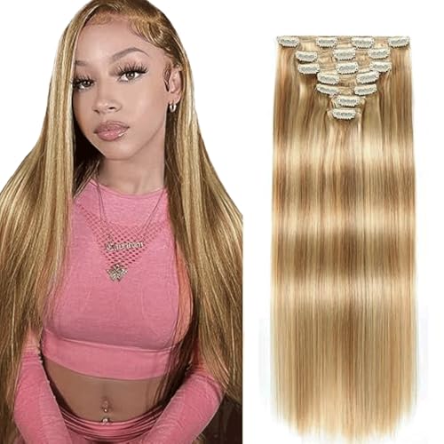 Extensiones de pelo humano con clip recto, tono P27/613 rubio y castaño de 22 pulgadas, 120g