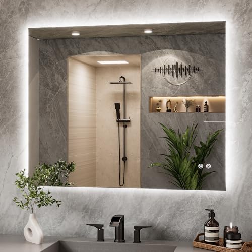 TETOTE 100x80cm Bathroom Mirror with LED Light, Rechargeable Illuminated Vanity Mirror with Backlit Light, Multifunction Smart Bathroom Mirror, Anti-Fog Wall Mounted Mirror, 3 Colors Dimmable