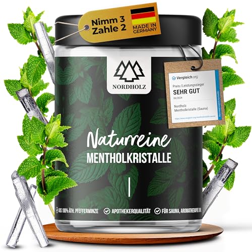 NORDHOLZ Mentholkristalle [100g] für Sauna in Premium Qualität aus 100% Minzöl - Befreit die Atemwege und sorgt für intensiven Duft in der Sauna - Sauna Zubehör