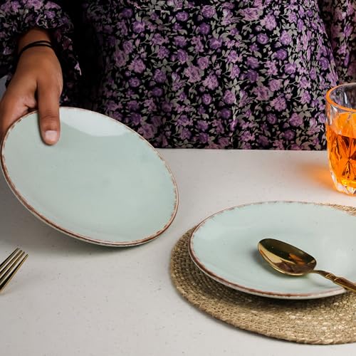 Image of The Earth Store Glossy Mint Marble 7 Inch Ceramic Quarter Plates Set of 2 | Microwave & Dishwasher Safe Plate | Half Plate for Dessert, Snacks, Dinner | Snack Plates for Gifting, Daily Use