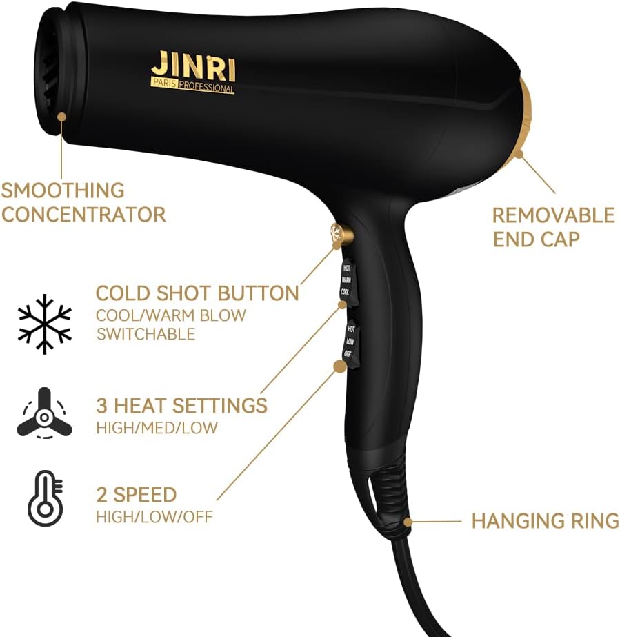 JINRI 2000W Hair Dryer with Negative Ion & Infrared - Black, 3 Heat & 2 Speed, Detachable Air Intake, Concentrator/Diffuser, Hanging Strap