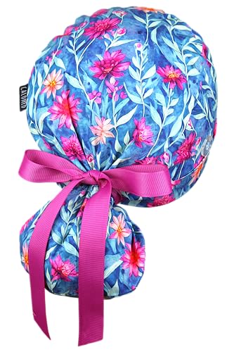 Image of Scrub Cap for Women and Men, Ponytail Scrub Caps, Working Hat, Head Cover with Ribbon Ties and Buttons, Long Hair