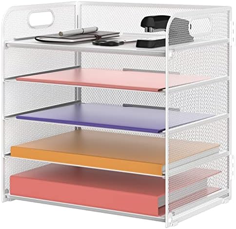 Supeasy 5 Trays Paper Organizer Letter Tray with Handle-Mesh Desk File Organizer White Paper Sorter Desk Organizer for Office,Home or School