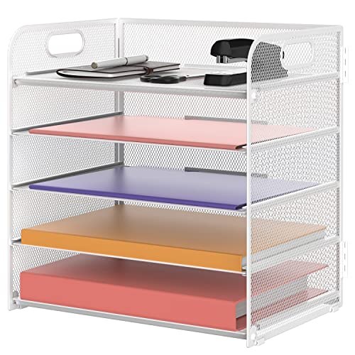 Image of Supeasy 5 Trays Paper Organizer Letter Tray with Handle-Mesh Desk File Holders, Paper Sorter Desk Organizer for Office, Home, Classroom or School, White
