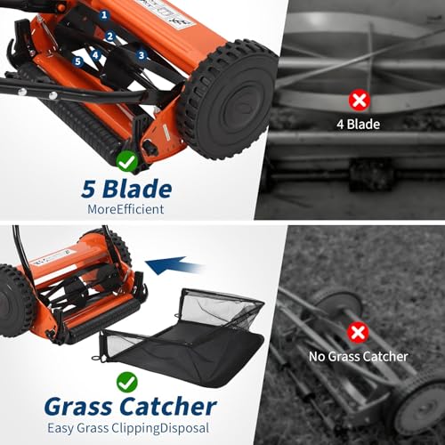 Walk-Behind Push Reel Lawn Mower, 16-Inch 5-Blade, with Removable Grass Catcher and Adjustable Cutting Height(0.6-1.75 Inch), Sponge Grip & Steel Build - Thumbnail 4