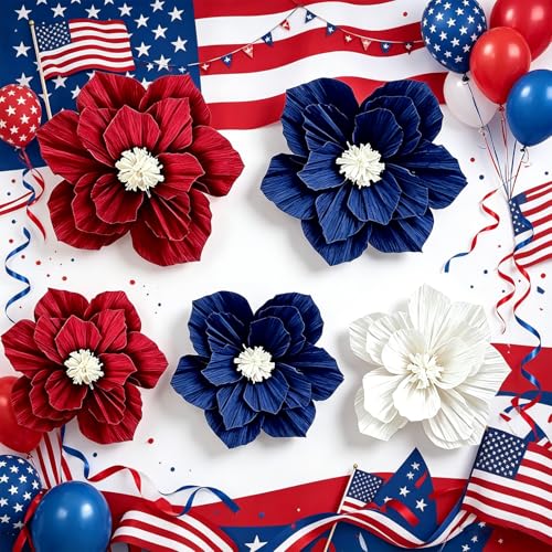 Image of Red Blue White Paper Flowers Artificial 3D Wall Decor Aamerican 250th Anniversary Decorations Wedding Birthday Bridal Baby Shower 4th of July Burgundy Nursery Room Backdrop Centerpieces Party