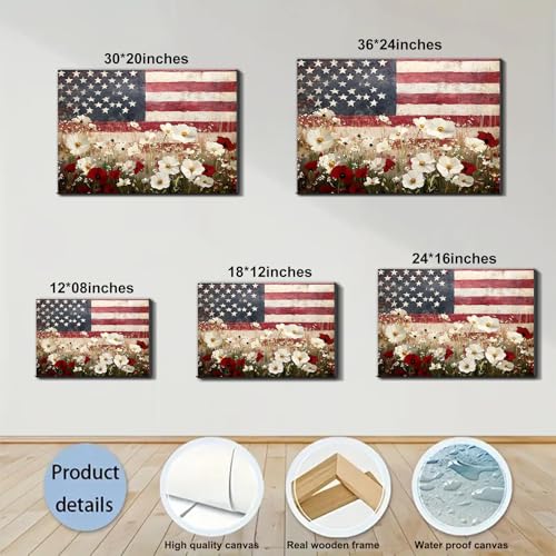 Image of Framed American Flag Mason Jar Wall Art, Patriotic Farmhouse Canvas Art Pictures, USA Rustic Wall Decor, Made in USA Ready to Hang for Kitchen Dining Room