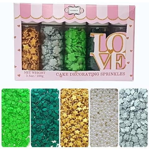 Confect Green & Silver Flower Sprinkles | White Pearl Sprinkles | Gold Star Sprinkles | Sprinkles for Baking & Cake Decorative | Cookie Sprinkles | Edible Sprinkles mix pack of 5 (3.5 Oz) Cover