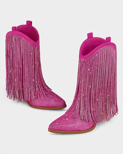 Image of Cowboy Boots for Women - Cowgirl Western Rhinestone Sparkly Fringe Chunky Heel Pointed Toe Mid Calf Boots