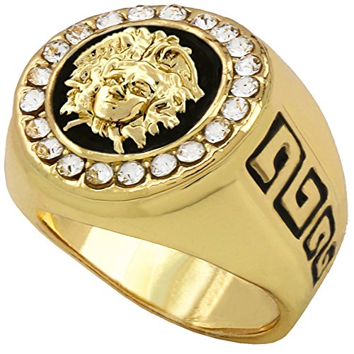 L & L Nation Mens Hip Hop Rings 14k Gold Plated Iced Medusa Face Head Cz Round Style Pinky Big Ring 7 8 9 10 11 12 (8)