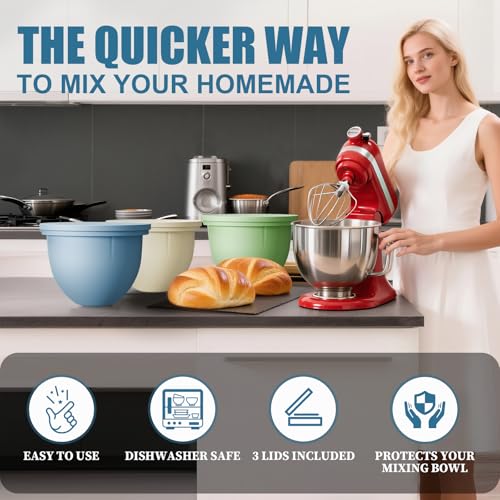 Image of GuanQiao Silicone Bowl Liners for 5 Qt KitchenAid Mixers, 3 Liners with Lids, Blue /Beige /Green