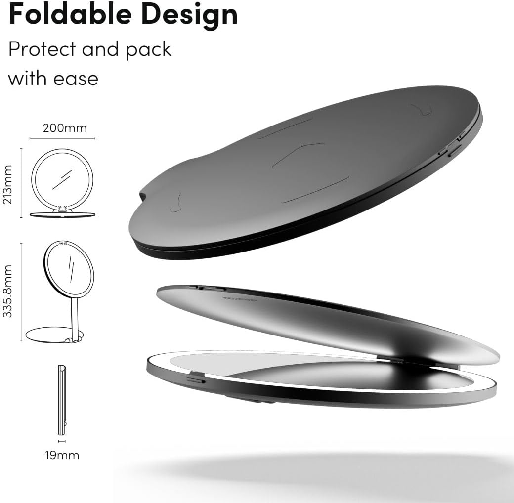 Fancii Abigail Rechargeable Travel Makeup Mirror with LED Light, 8" Foldable Stand, 3 Color Lighting Travel Mirror. Dimmable & Lightweight Portable Vanity Mirror, Beauty Travel Essential (Black) - Image 4