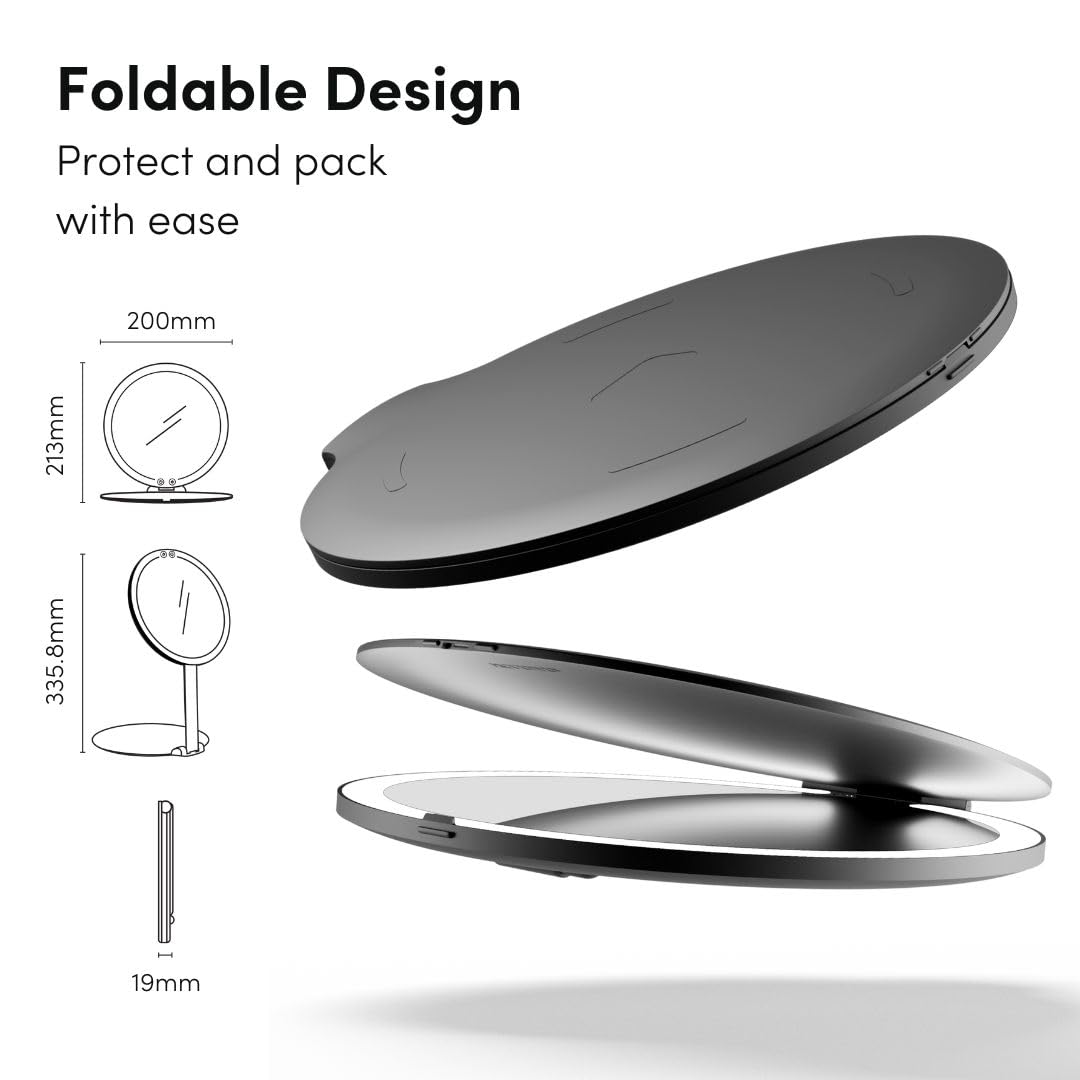 Fancii Abigail - Specchio da viaggio ricaricabile con luce LED, supporto pieghevole da 20,3 cm, illuminazione a 3 colori, specchio da viaggio dimmerabile e leggero, essenziale da viaggio (nero)