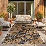 SIMPEX Outdoor Teppich Schwarz Natur Jute Optik 160x220 cm Balkon Terrasse Garten Wetterfest UV-beständig Groß Palmblatt Flachgewebe Pflegeleicht Robust Modern