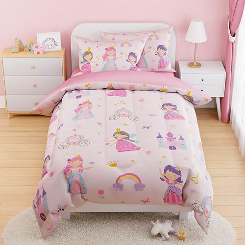 Image of SANDJEST Princess Comforter Set Full Size 98x86in for Kids Girls, Microfiber Bedding Set 4 Pcs Includes 1 Comforter, 2 Pillowcases, 1 Fitted Sheet, Nursery Room Decor Christmas Birthday