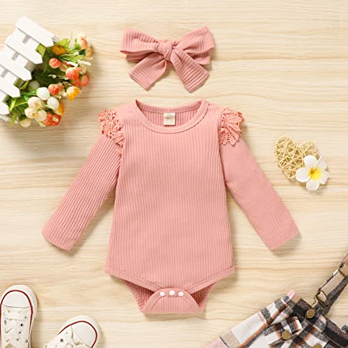 Viworld Baby Girls Fall Clothes Ruffle Long Sleeve Ribbed Romper + Plaid Corduroy Suspender Skirt + Headband 3Pcs Outfits(Pink,18-24M) #TOP1