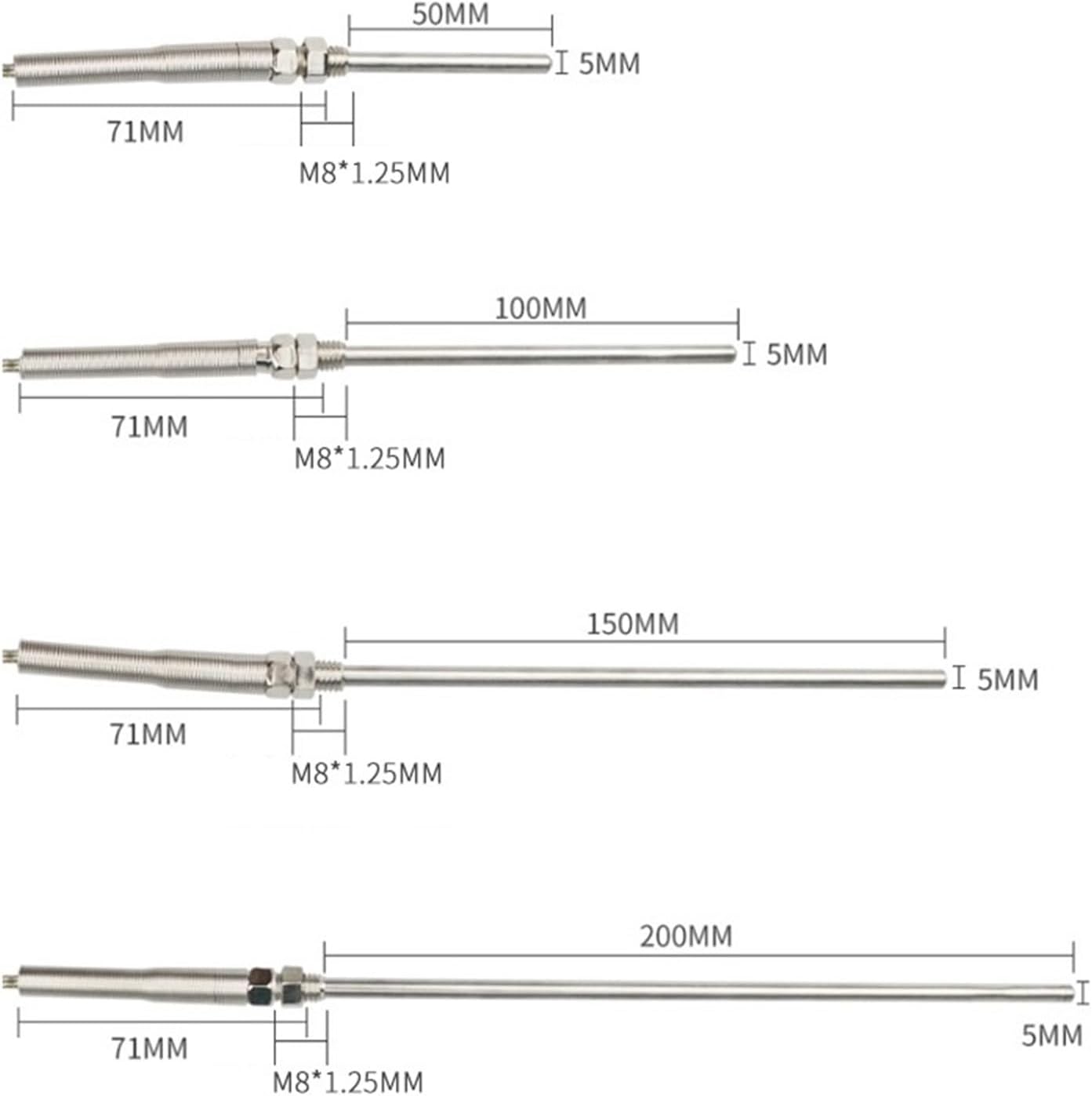 Thermocouple M8 1m 2m 3 metres 4m 5m Type K E J PT100 50mm 150mm 100mm 200mm Probe Screw Thread Cable Temperature Sensor 0-400℃(5M Type E,50mm)