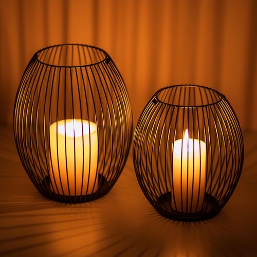 Sziqiqi Portavelas Juego de 2, Candelabros Portavelas en Forma para Velas de Pilar, Portavelas Decorativo de Metal Negro Decorativo Centros de Mesa para Navidad Halloween Fiesta, Mediana+Grande