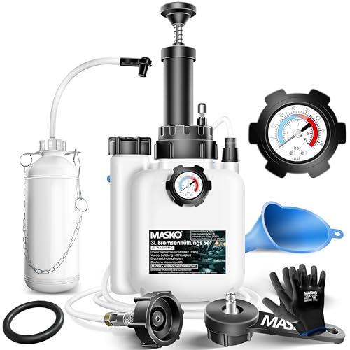 MASKO® Bremsenentlüftungsgerät Auto Bremsentlüfter KFZ Bremsflüssigkeits-Wechselgerät 3L für Scheibenbremsen & Trommelbremsen mit Handpumpe & 1L Absaugbehälter für E20, Adapter, Schlauch & Zubehör
