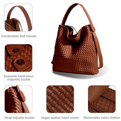 Image of Large Woven Tote Bag Vegan Leather Shoulder Bag for Women Fashion Travel Shopper Bag Top Handle Handbag and Purse